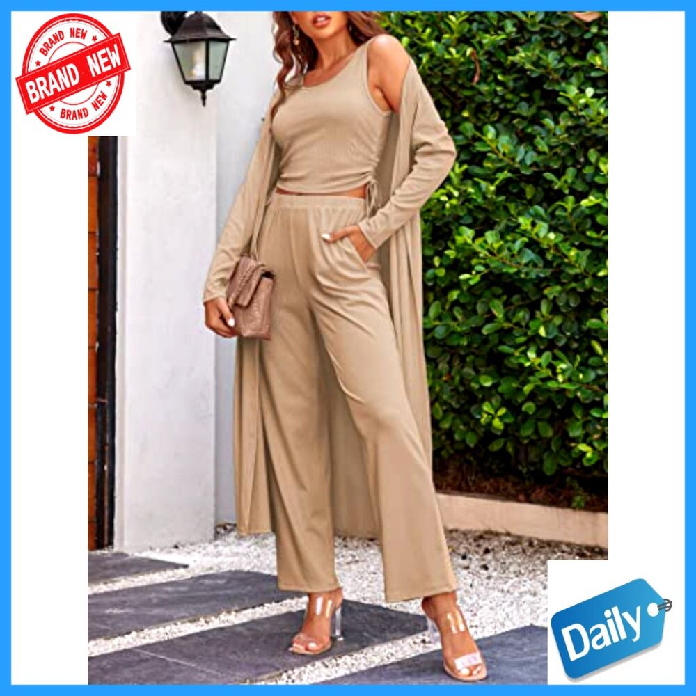 3 Piece Lounge Set Long Sleeve Cardigan Crop Top Pants S-XXL - Picture 4 of 7